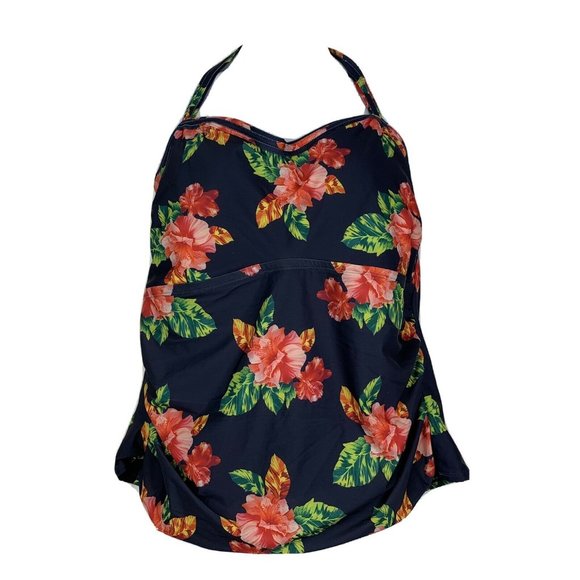 Tropical Escape‎ Swimming Top Navy Blue Floral Halt - Picture 2 of 8